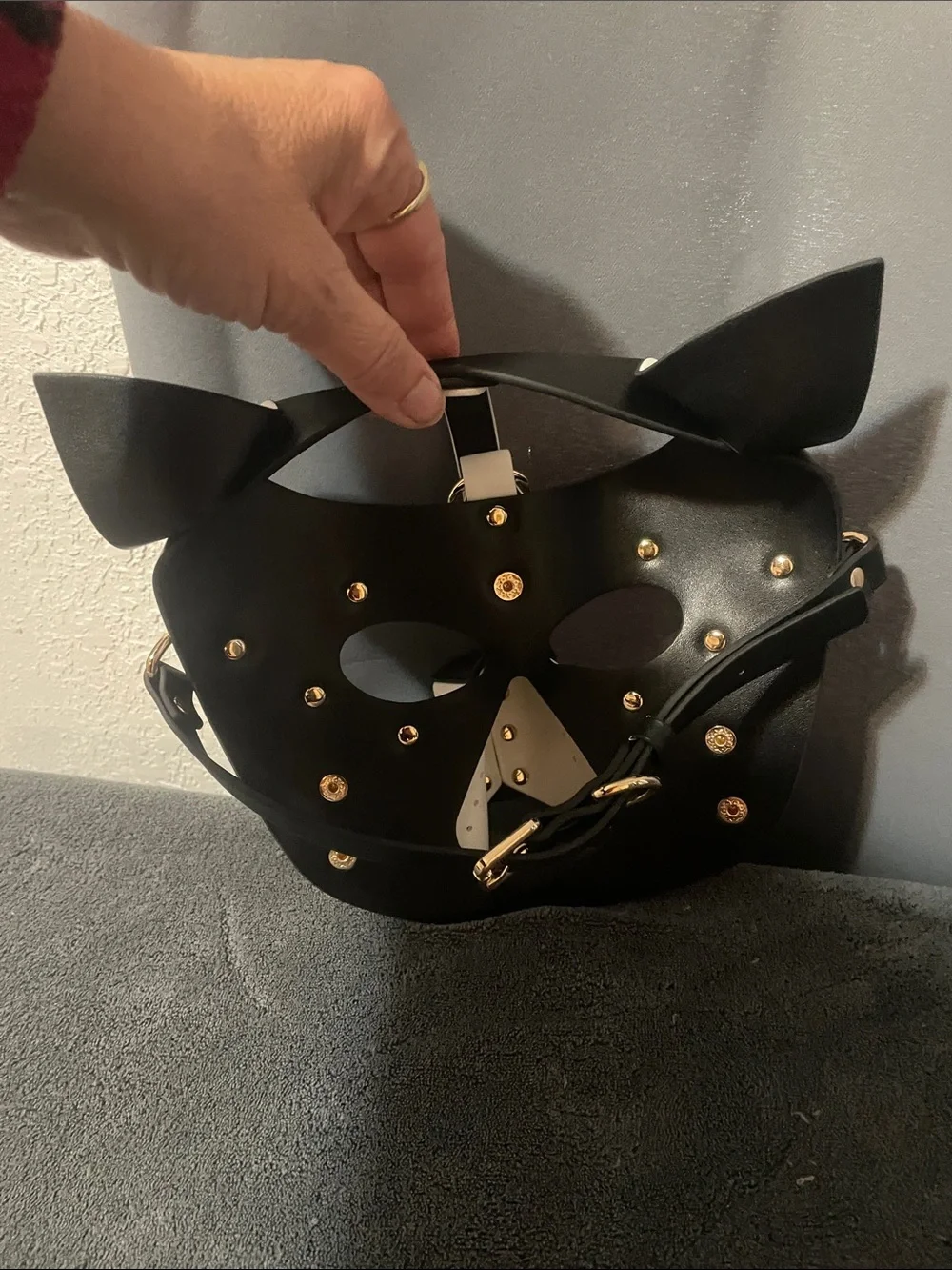 Black & White Leather Dog Mask Harness Muzzle with Gold Studs NWOT